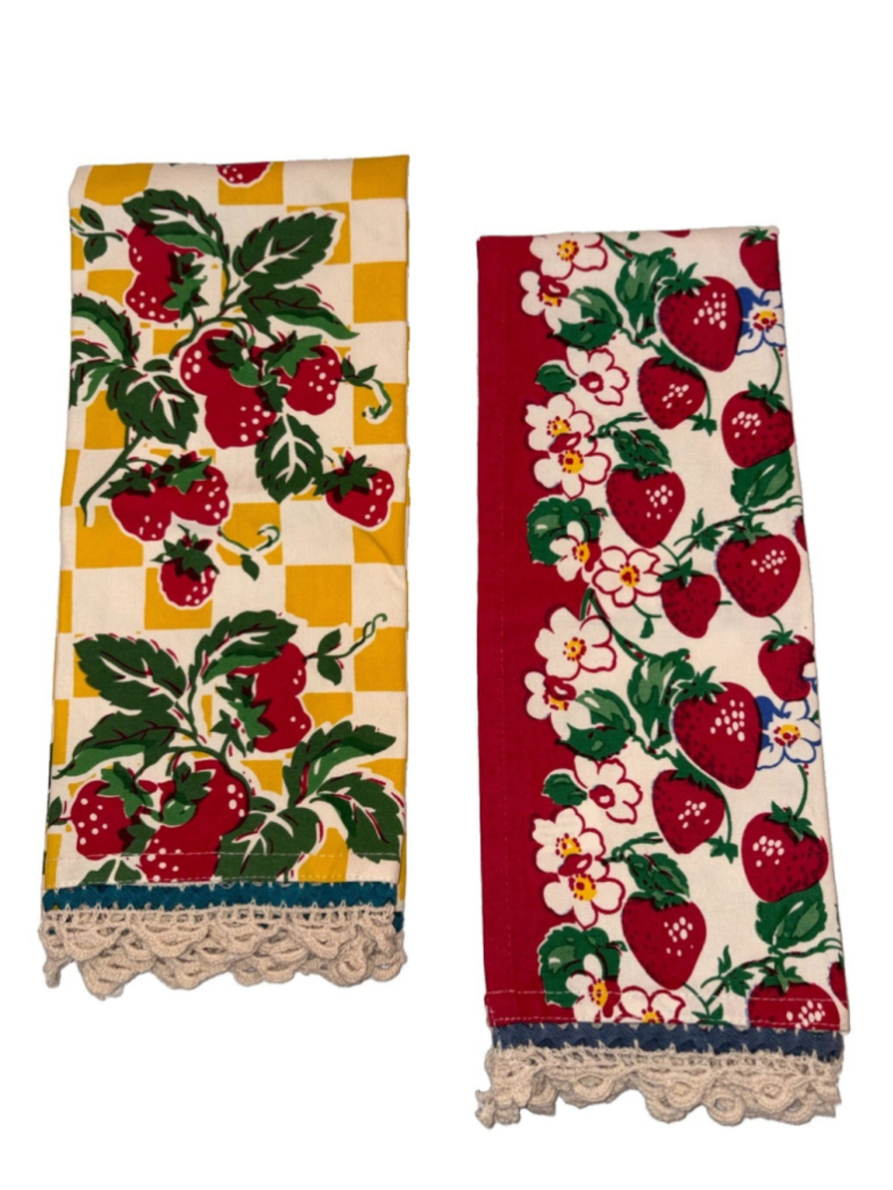 Set of 2 Strawberry Kitchen Tea Towels Yellow Gingham Red Fruit Crochet Lace